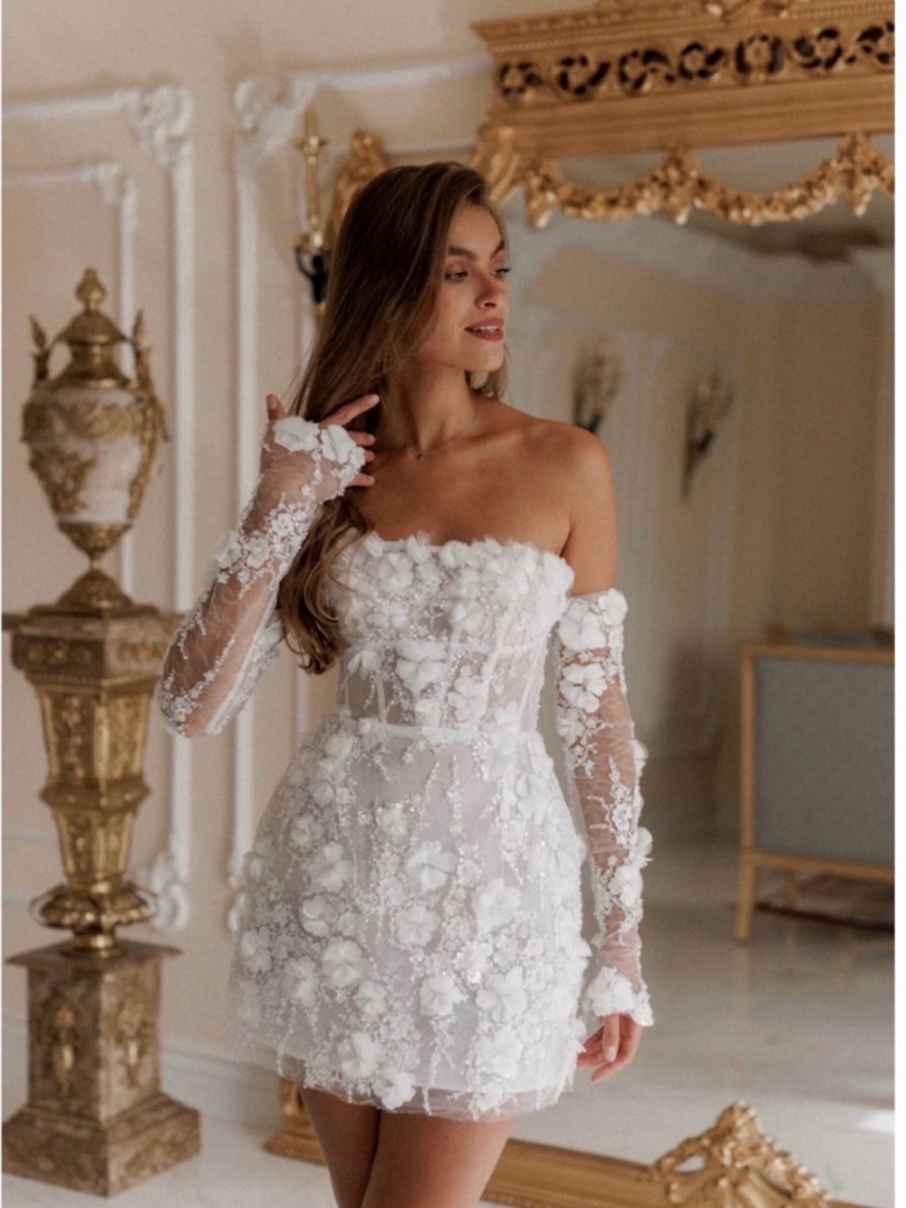 Rosie Etienne $720 Isabella dress  White Floral Appliqué Mini Dress with gloves